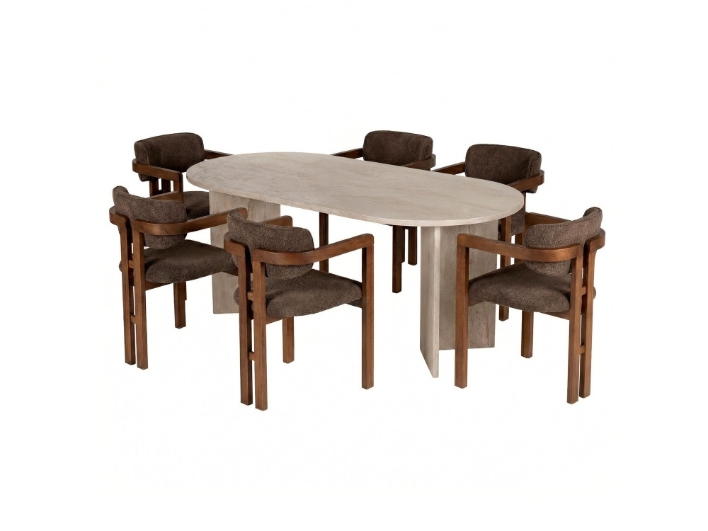 Zestaw stołowy z krzesłami (7 elementów) z drewna „Meridia 6” – 180 x 90 x 75 cm – brązowy