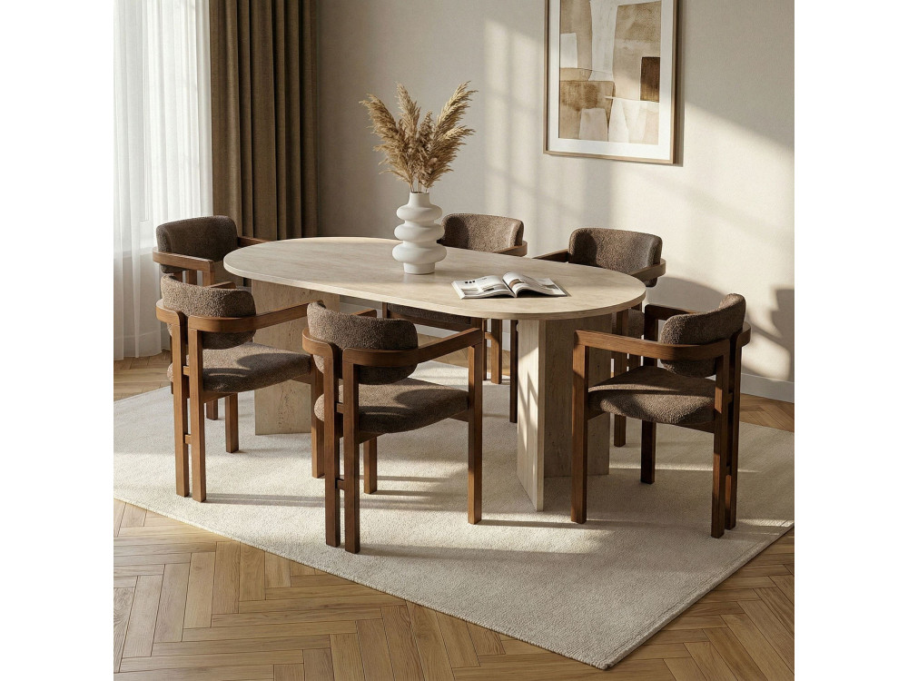 Zestaw stołowy z krzesłami (7 elementów) z drewna „Meridia 6” – 180 x 90 x 75 cm – brązowy