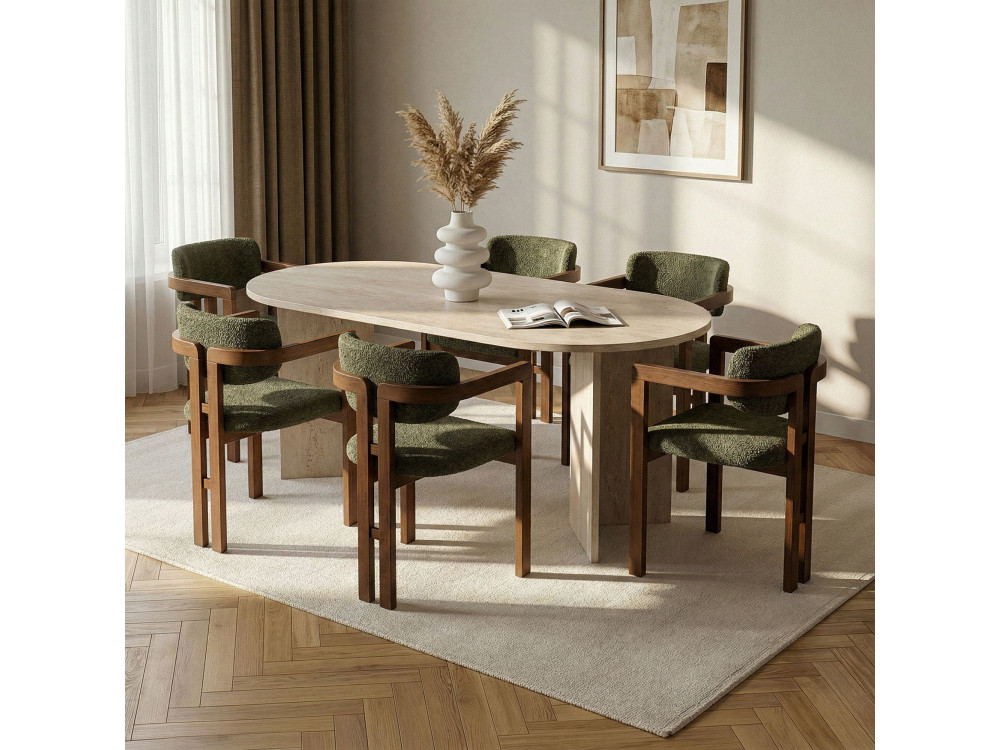 Zestaw stołowy z krzesłami (7 elementów) z drewna „Meridia 6” – 180 x 75 x 90 cm – zielony