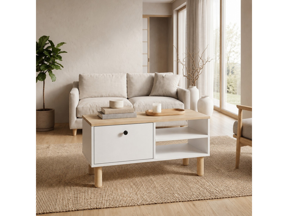 Drewniany stolik kawowy „Aris” – 90 x 38,8 x 60 cm – dąb Saphir / biały