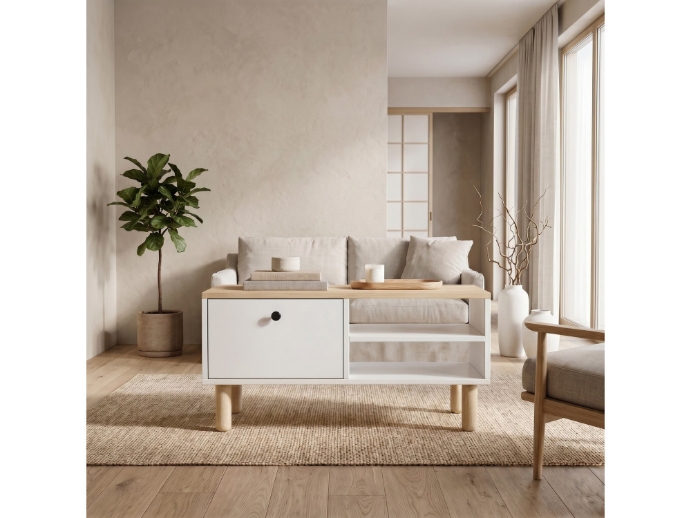 Drewniany stolik kawowy „Aris” – 90 x 38,8 x 60 cm – dąb Saphir / biały
