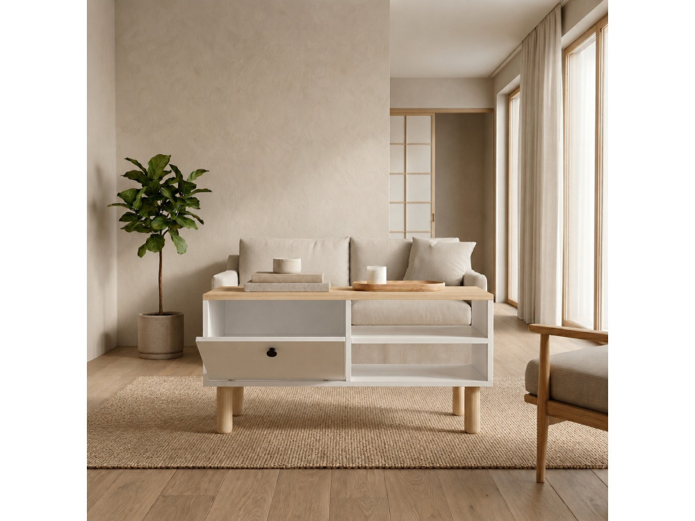Drewniany stolik kawowy „Aris” – 90 x 38,8 x 60 cm – dąb Saphir / biały