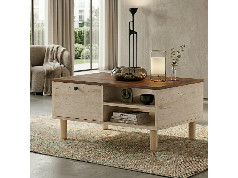 Drewniany stolik kawowy „Aris” – 90 x 38,8 x 60 cm – trawertyn / orzech wenecki