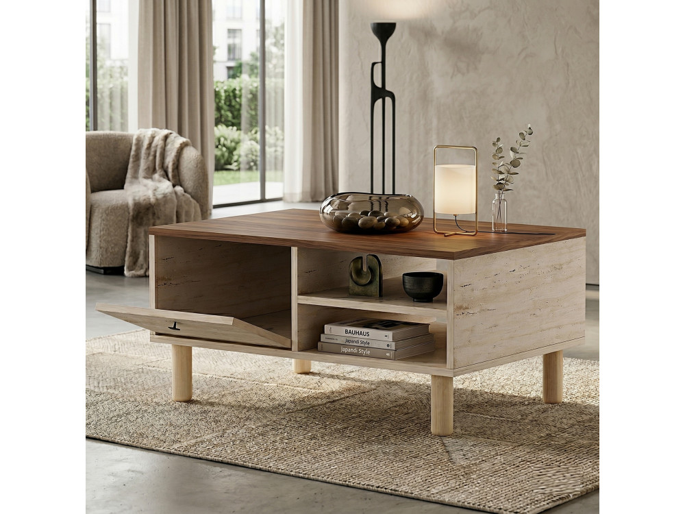 Drewniany stolik kawowy „Aris” – 90 x 38,8 x 60 cm – trawertyn / orzech wenecki