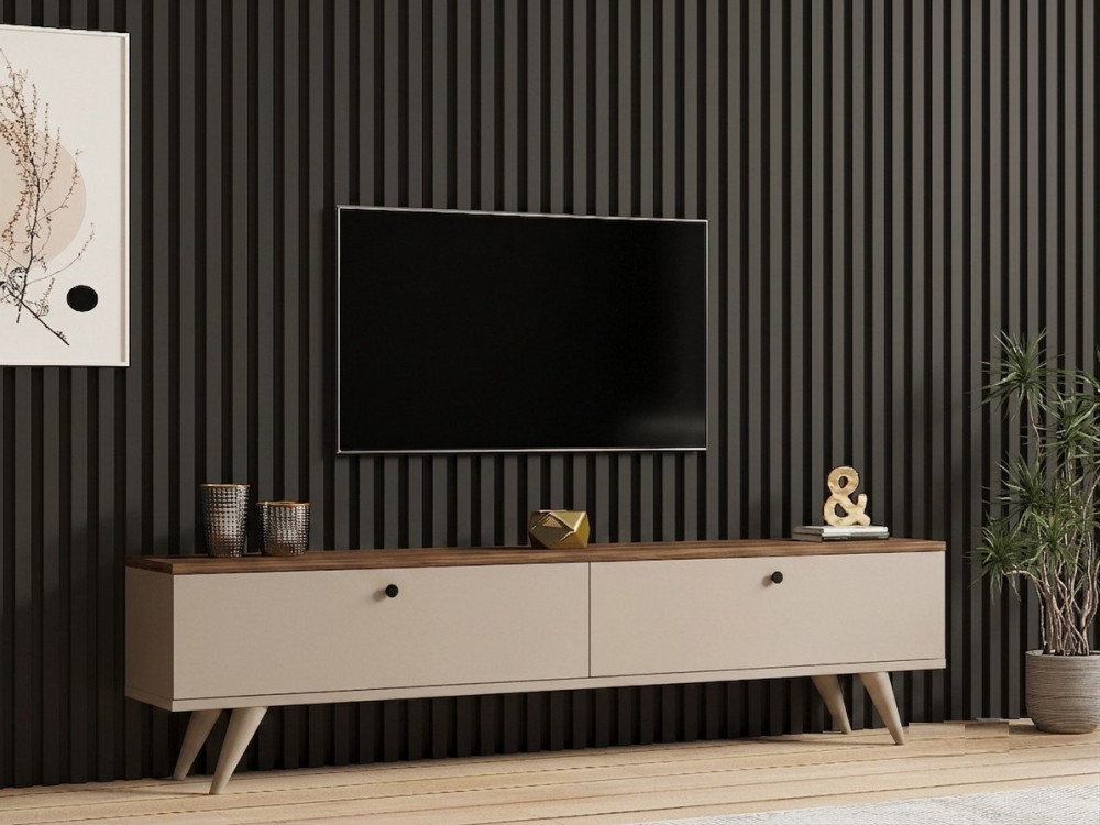 Drewniana szafka pod telewizor „Paris” – 160 x 25 x 40 cm – orzech / kaszmir
