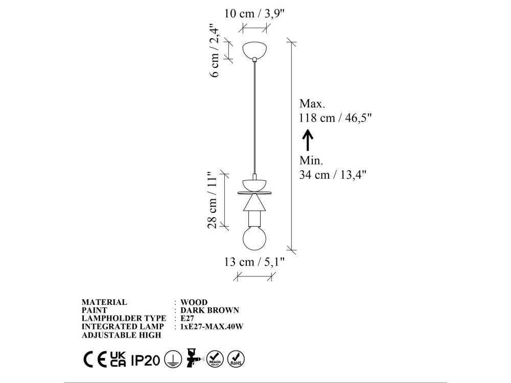 Drewniana lampa wisząca „Rotas” – 13 x 13 x 118 cm – brązowa