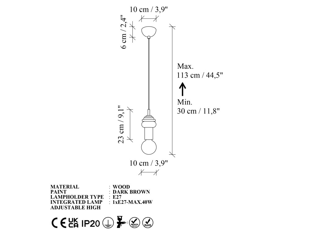 Drewniana lampa wisząca „Rotas” – 10 x 10 x 113 cm – brązowa