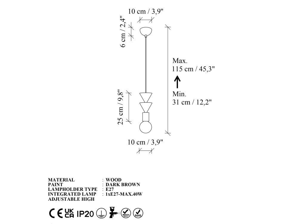 Drewniana lampa wisząca „Rotas” – 10 x 10 x 115 cm – brązowa