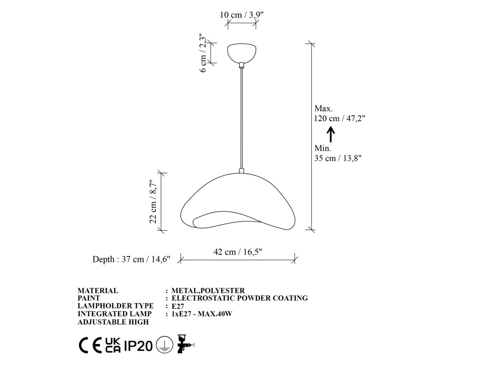 Metalowa lampa wisząca „Luna” – 42 x 37 x 120 cm – biała