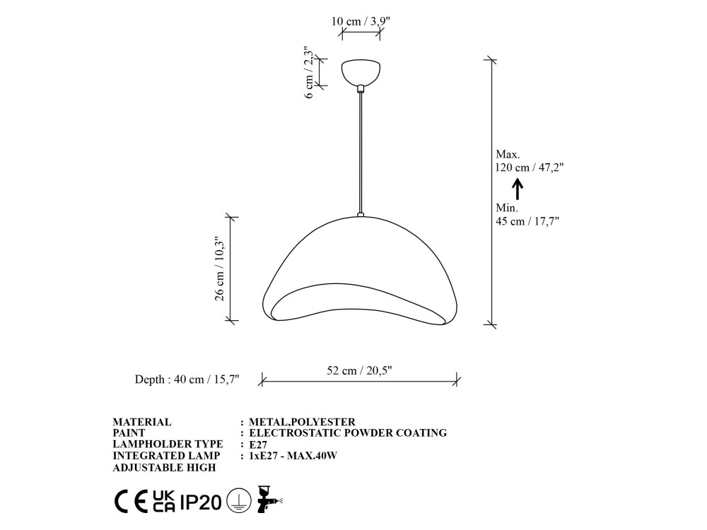 Metalowa lampa wisząca „Luna” – 52 x 40 x 120 cm – biała