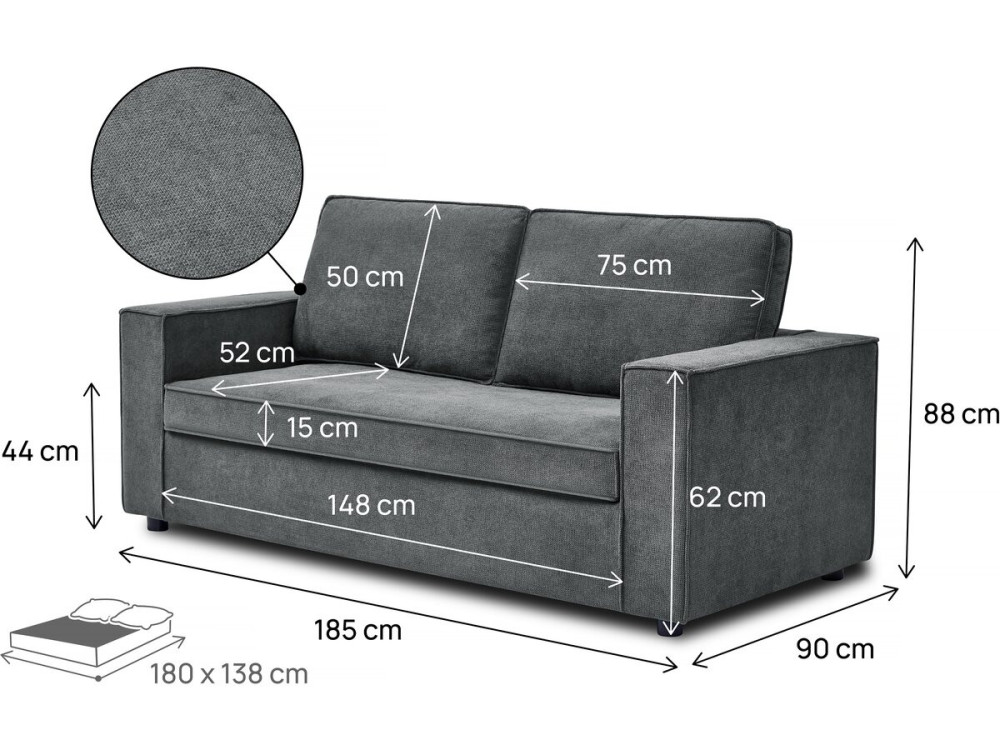 Sofa rozkładana materiałowa "Clara" express - 185 x 90 x 88 cm - Szara