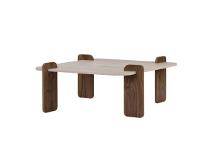 Drewniany stolik kawowy „Marais” – 117 x 35 x 117 cm – trawertyn / orzech wenecki