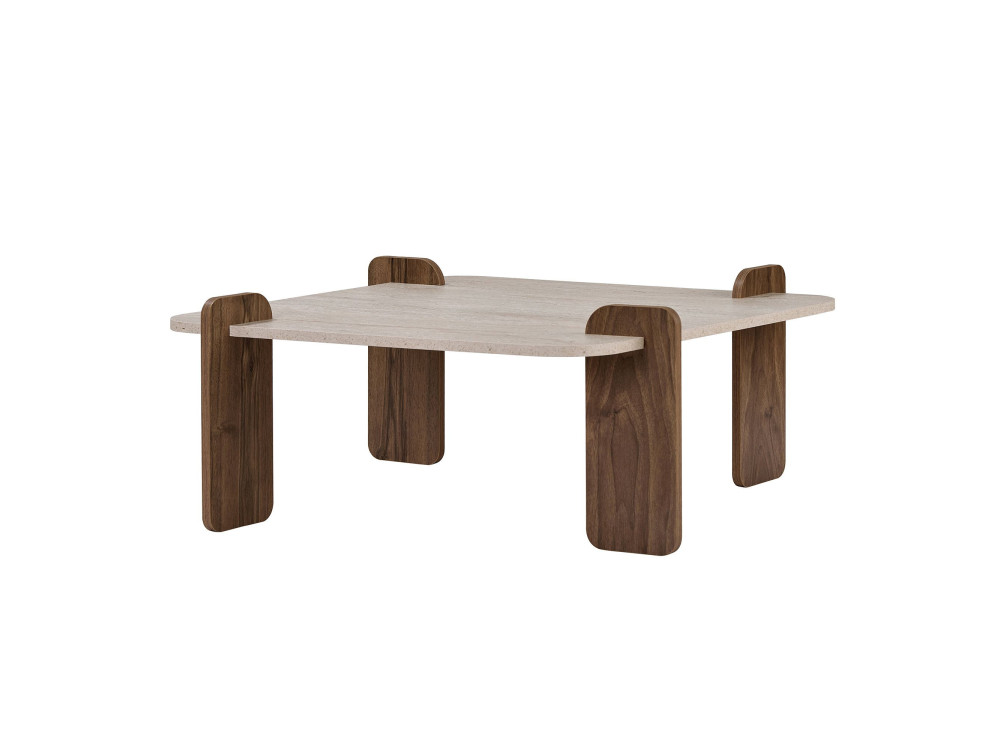 Drewniany stolik kawowy „Marais” – 117 x 35 x 117 cm – trawertyn / orzech wenecki