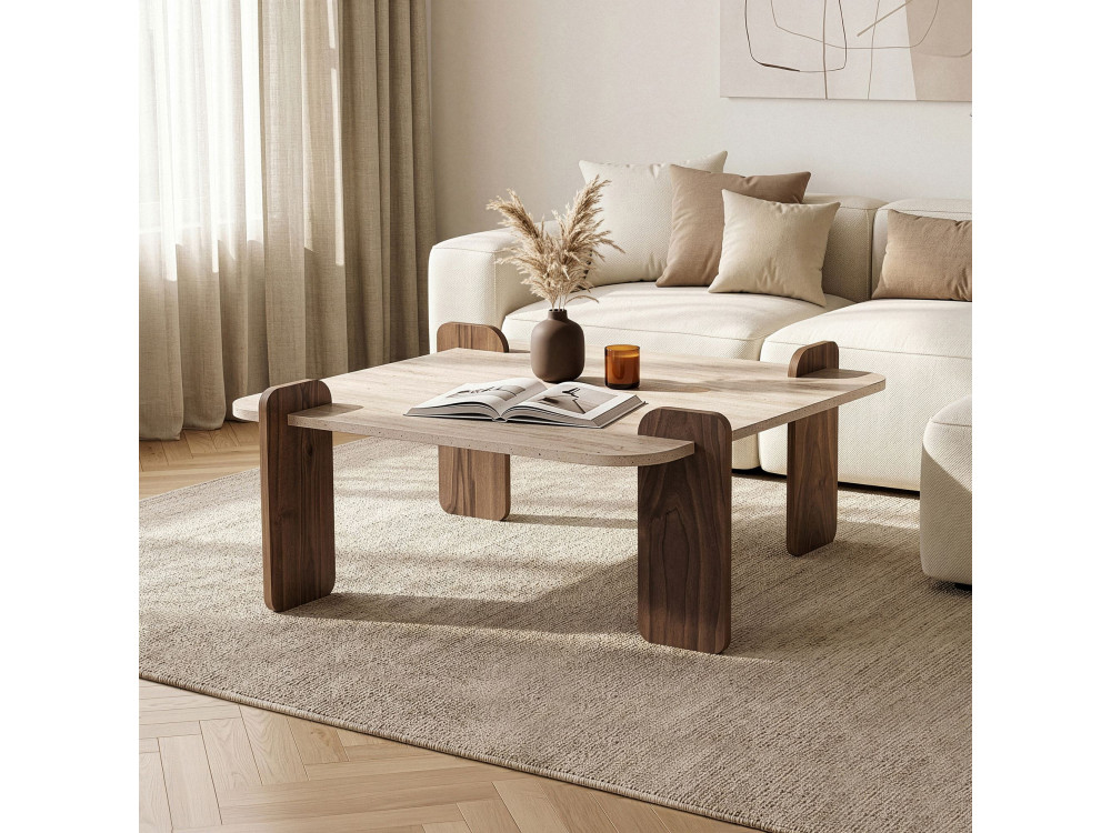 Drewniany stolik kawowy „Marais” – 117 x 35 x 117 cm – trawertyn / orzech wenecki