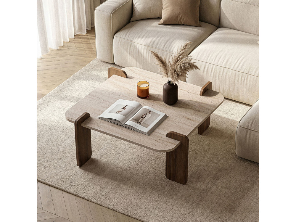 Drewniany stolik kawowy „Marais” – 117 x 35 x 117 cm – trawertyn / orzech wenecki