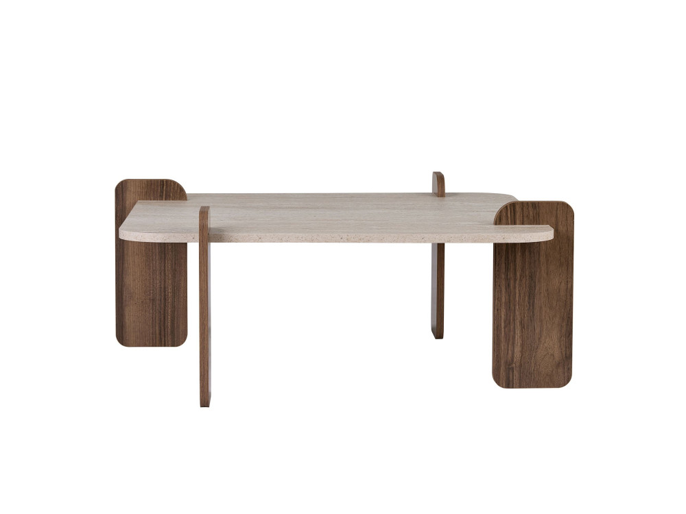 Drewniany stolik kawowy „Marais” – 117 x 35 x 117 cm – trawertyn / orzech wenecki
