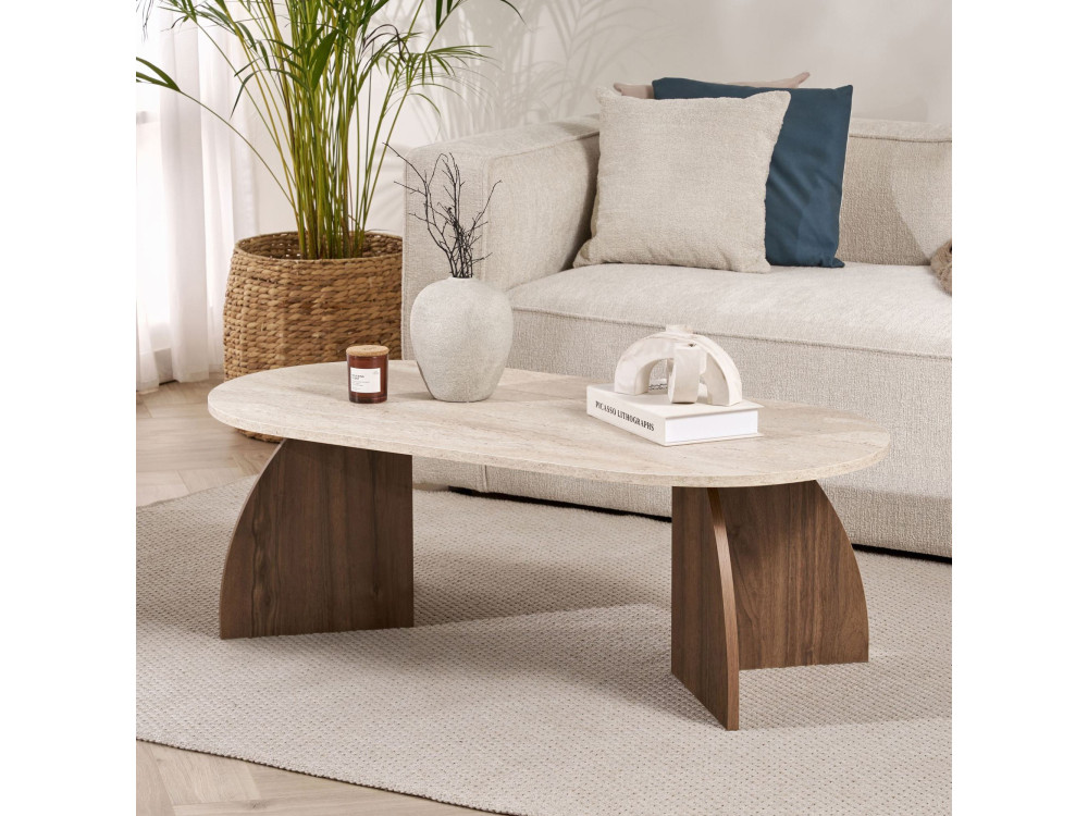 Drewniany stolik kawowy „Melina” – 120 x 40 x 60 cm – trawertyn / orzech wenecki