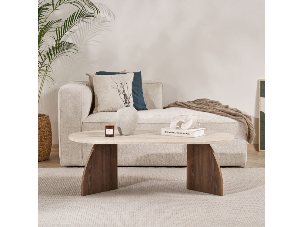 Drewniany stolik kawowy „Melina” – 120 x 40 x 60 cm – trawertyn / orzech wenecki