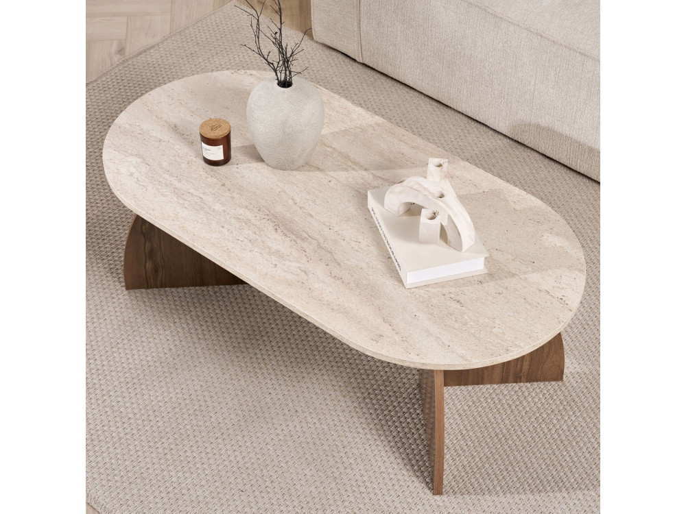 Drewniany stolik kawowy „Melina” – 120 x 40 x 60 cm – trawertyn / orzech wenecki