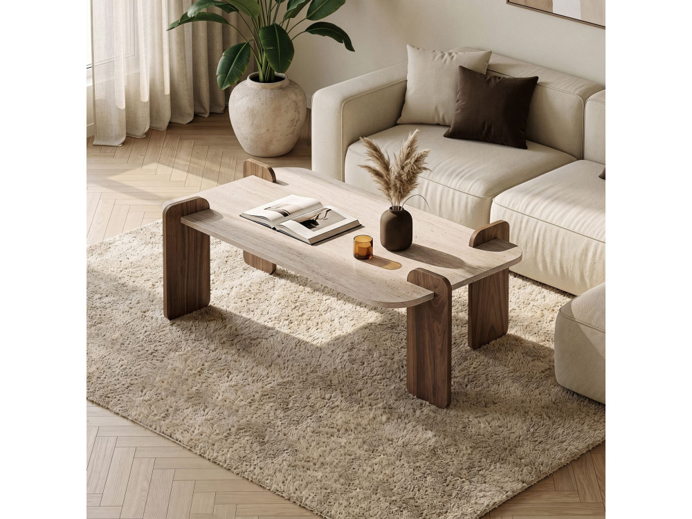 Drewniany stolik „Renard” – 147 x 35 x 87 cm – trawertyn / orzech wenecki