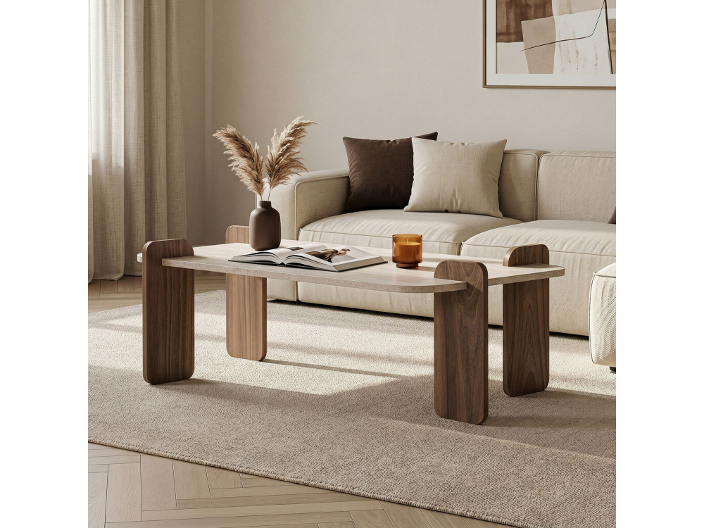 Drewniany stolik „Renard” – 147 x 35 x 87 cm – trawertyn / orzech wenecki