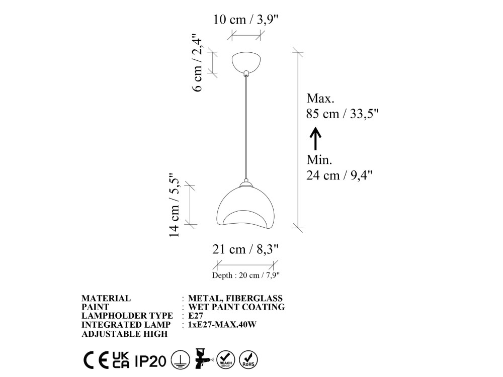 Metalowa lampa wisząca „Vegas” – 21 x 20 cm – biała