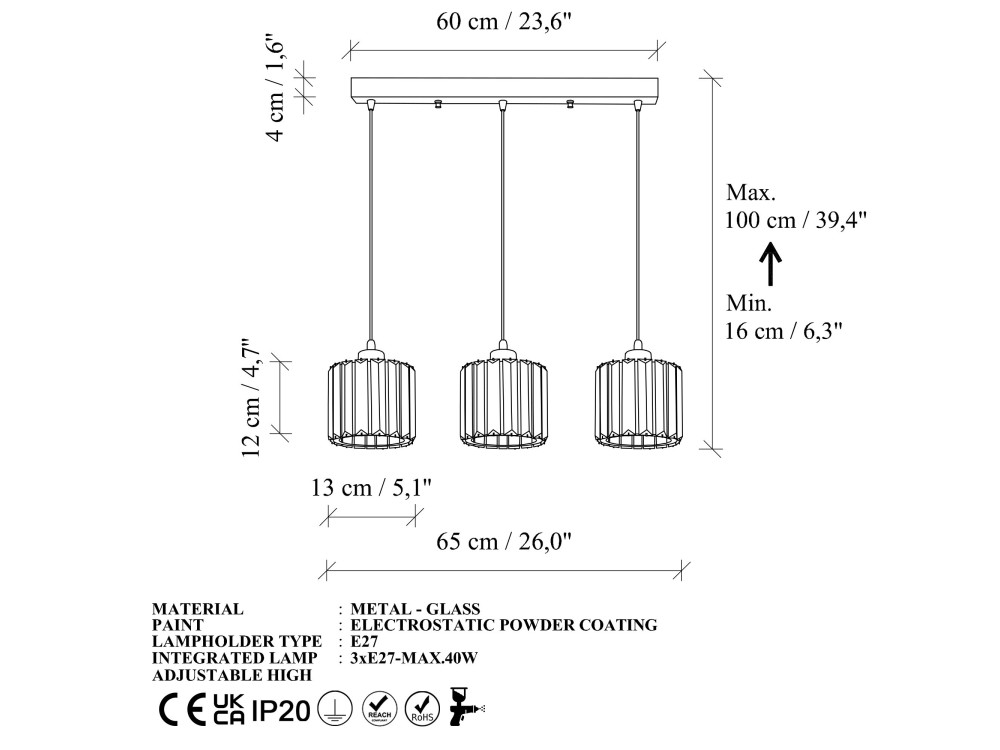 Metalowy żyrandol „Yakops” – 65 x 13 x 105 cm – żółty