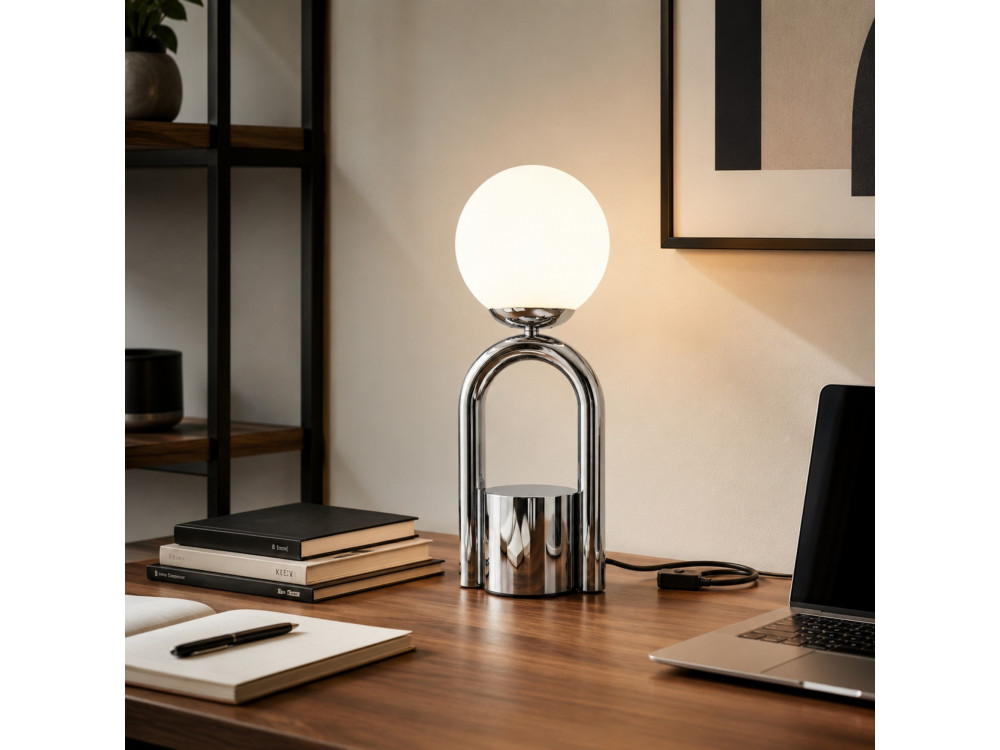 Metalowa lampa stołowa „Loop” – 15 x 15 cm – chrom
