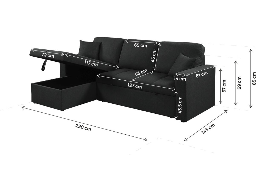 Narożna sofa rozkładana/dwustronna w stylu „bubble” „Alain” – 3-osobowa – czarna