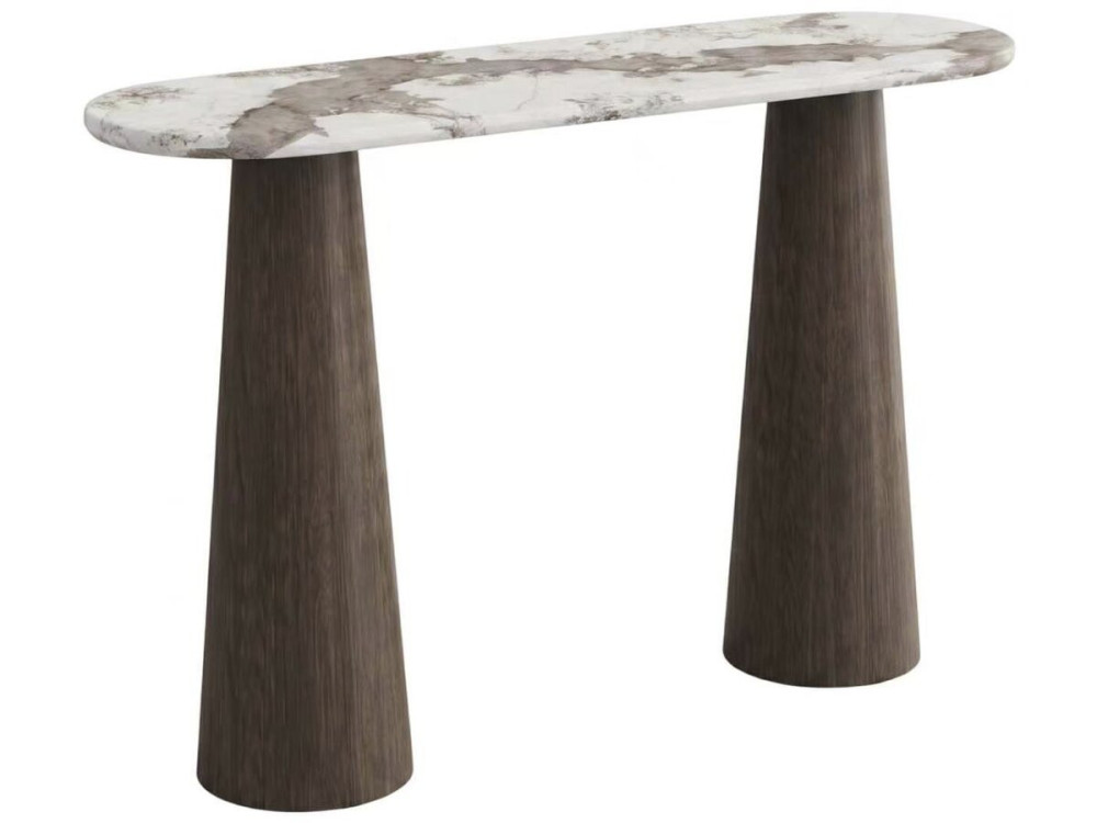 Drewniana konsola z ceramicznym blatem „Zora” – 140 x 40 x 80 cm – brązowa