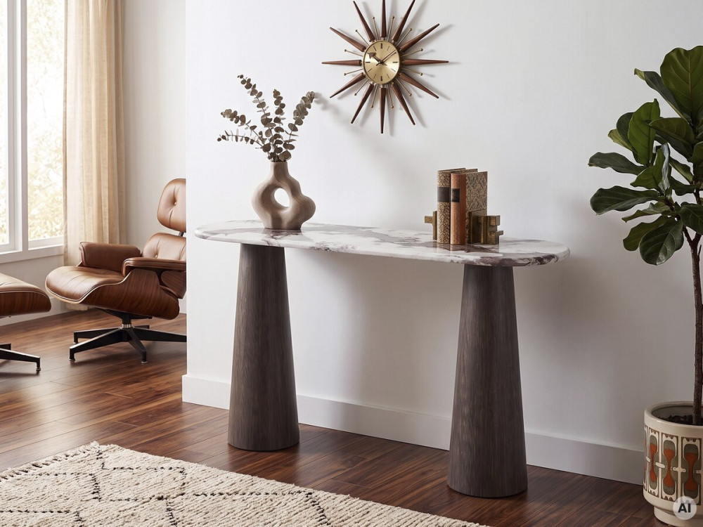 Drewniana konsola z ceramicznym blatem „Zora” – 140 x 40 x 80 cm – brązowa