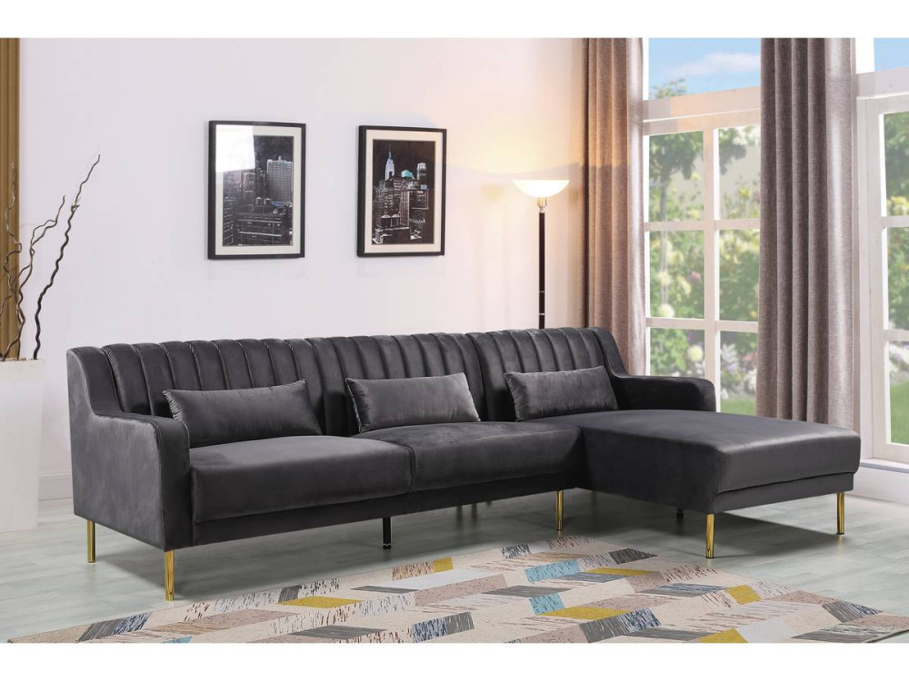 Kanapa narona "Oliver" z weluru - 275 x 161 x 81 cm - 5 miejsc - Szara - Prawostronna