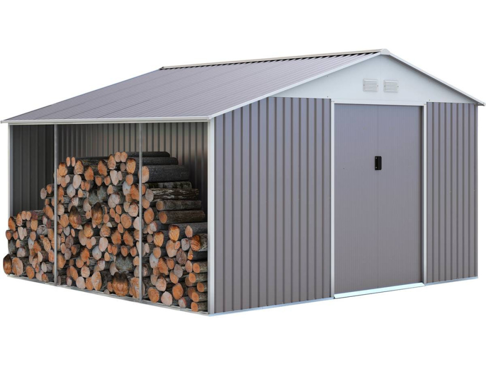 Domek metalowy "Dallas" 12,99 m² ze schowkiem na drewno