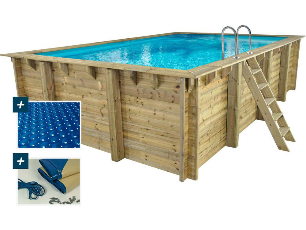 Prostoktny basen drewniany "Panama" - 6,20 x 4,10 x 1,45 m + Pokrycie bąbelkowe 180 µ - Pokrycie zimowe 280 g/m² +.