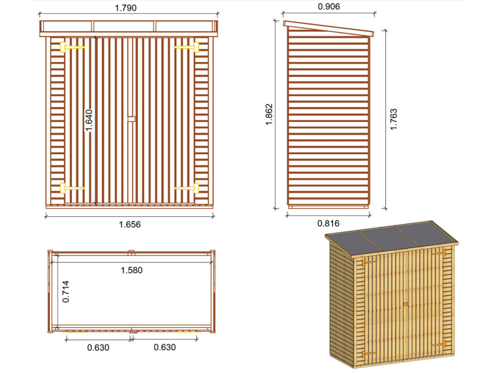 Drewniana szopa ogrodowa przylegajca „Lipki” -  1.79 x 0.90 x 1.76/1.86 m - 1.62 m² - 12 mm - Z podłogą