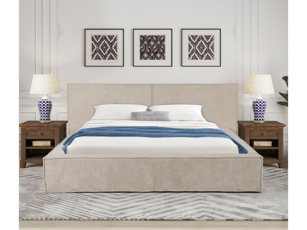 Lit coffre en velours côtelé "Courchevel" - 140 x 190 cm - Beige
