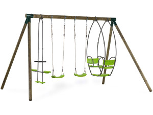 Drewniany zestaw huśtawkowy "Nelio" - Z 2 huśtawkami, 1 przeciwległą i 1 nosidełkiem.