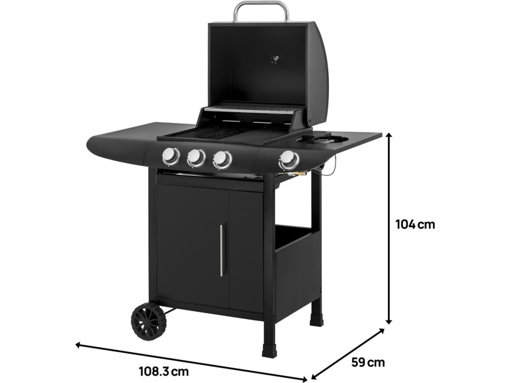 Grill gazowy "Feria 4" - 4 palniki w tym 1 boczny - 11,5 kw - Czarny