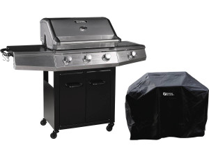 Grill gazowy "Bingo 4" - 4 palników w tym 1 palnik boczny - 14 kW + pokrowiec ochronny - Czarny
