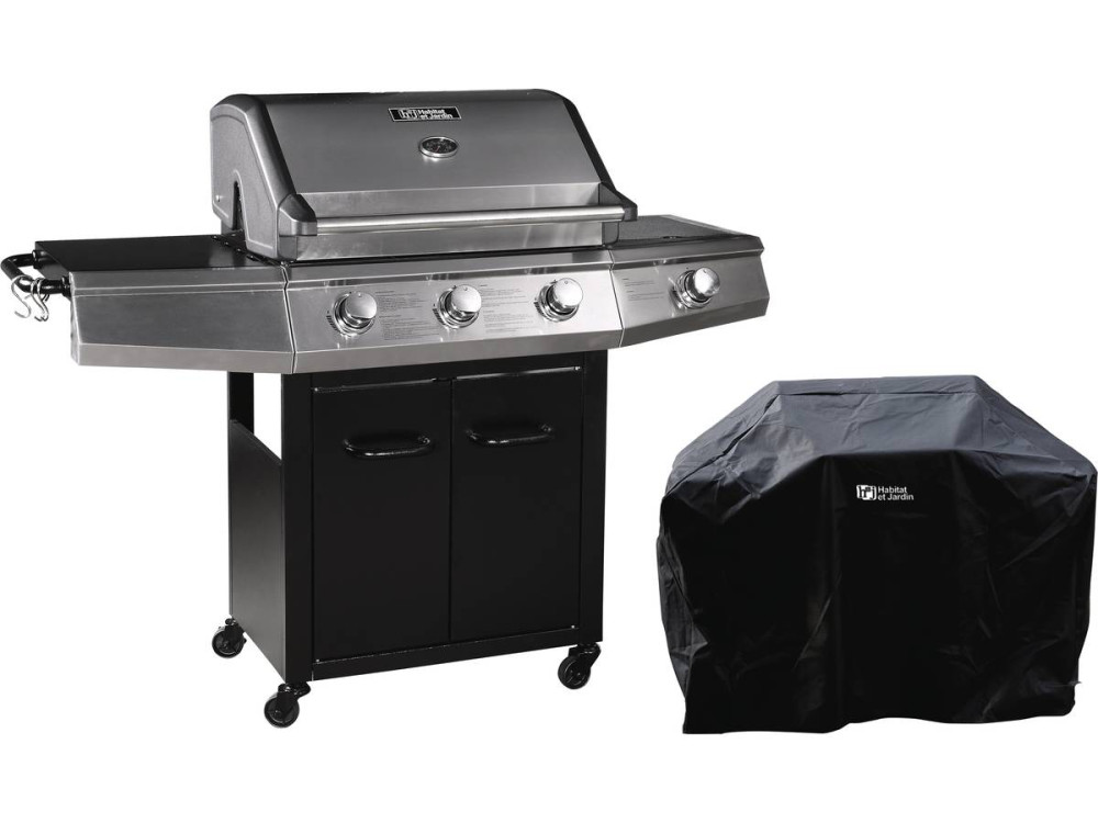 Grill gazowy "Bingo 4" - 4 palników w tym 1 palnik boczny - 14 kW + pokrowiec ochronny - Czarny