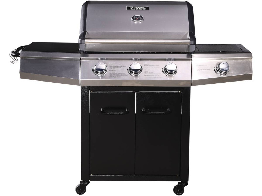 Grill gazowy "Bingo 4" - 4 palników w tym 1 palnik boczny - 14 kW + pokrowiec ochronny - Czarny