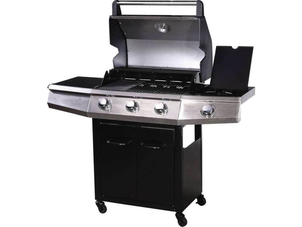 Grill gazowy "Bingo 4" - 4 palników w tym 1 palnik boczny - 14 kW + pokrowiec ochronny - Czarny