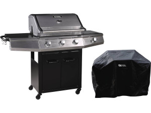 Grill gazowy z diodami LED "Bingo 4" - 4 palniki w tym 1 palnik boczny - 14 kW + Pokrowiec ochronny - Czarny