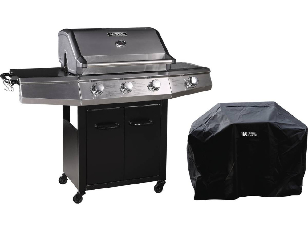 Grill gazowy z diodami LED "Bingo 4" - 4 palniki w tym 1 palnik boczny - 14 kW + Pokrowiec ochronny - Czarny
