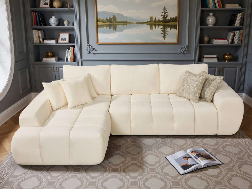 Sofa narożna "Sidonie" lewa w tkaninie bąbelkowej - 4-osobowa - Beżowy
