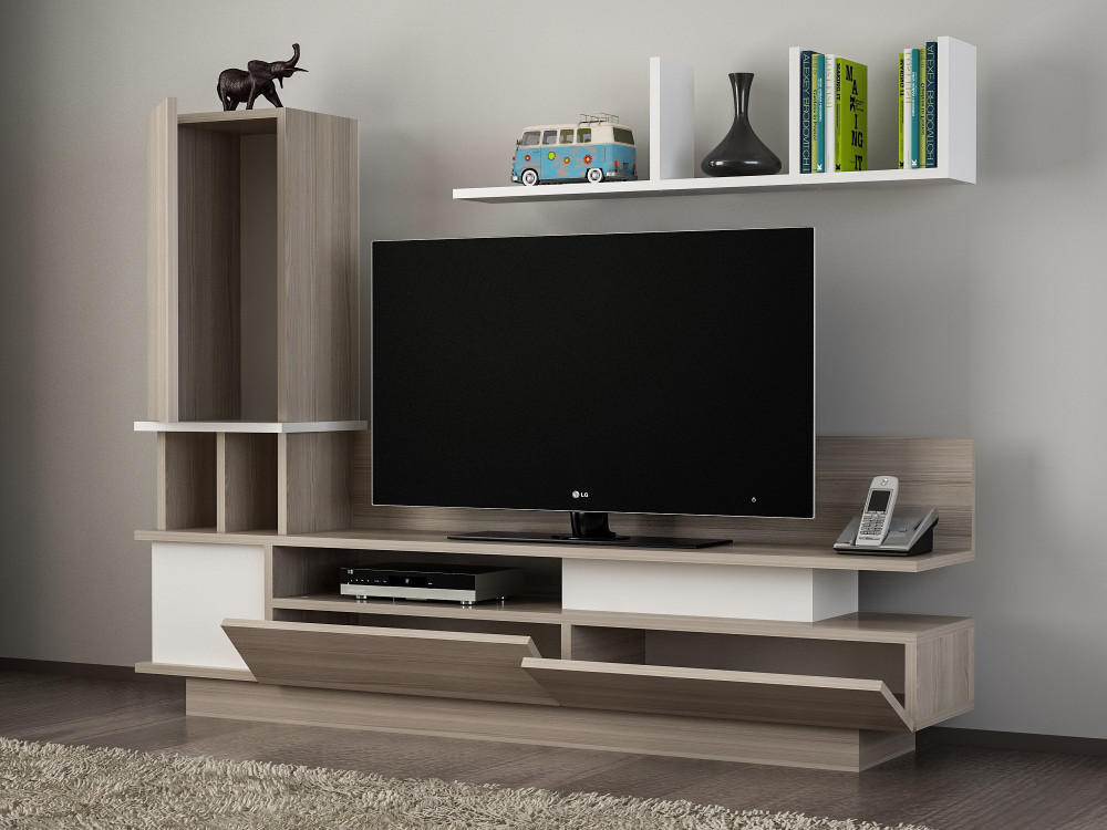 Drewniana szafka pod telewizor "Como" z półką ścienną - 149 x 31 x 117 cm - Jasnoszary