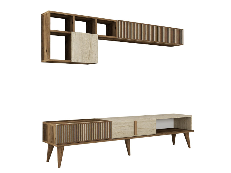 Drewniana podstawa pod telewizor "Milan" - 180 x 35 x 40 cm - Orzech, Trawertyn
