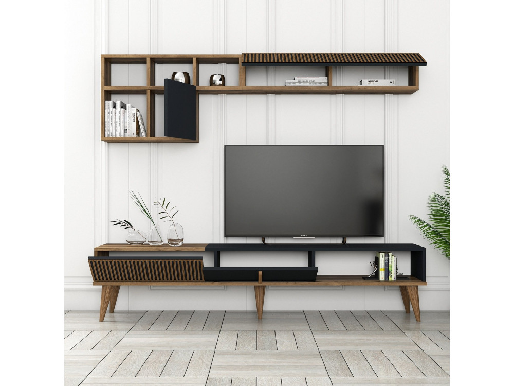 Drewniana podstawa pod telewizor "Milan" - 180 x 35 x 40 cm - Orzech, Antracyt