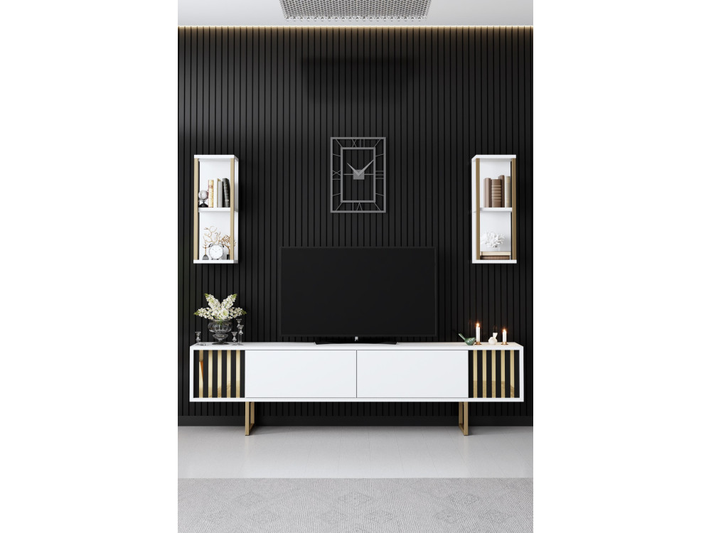 Drewniana podstawa pod telewizor "Gold Line" - 180 x 30 x 48 cm - Biało-czarny