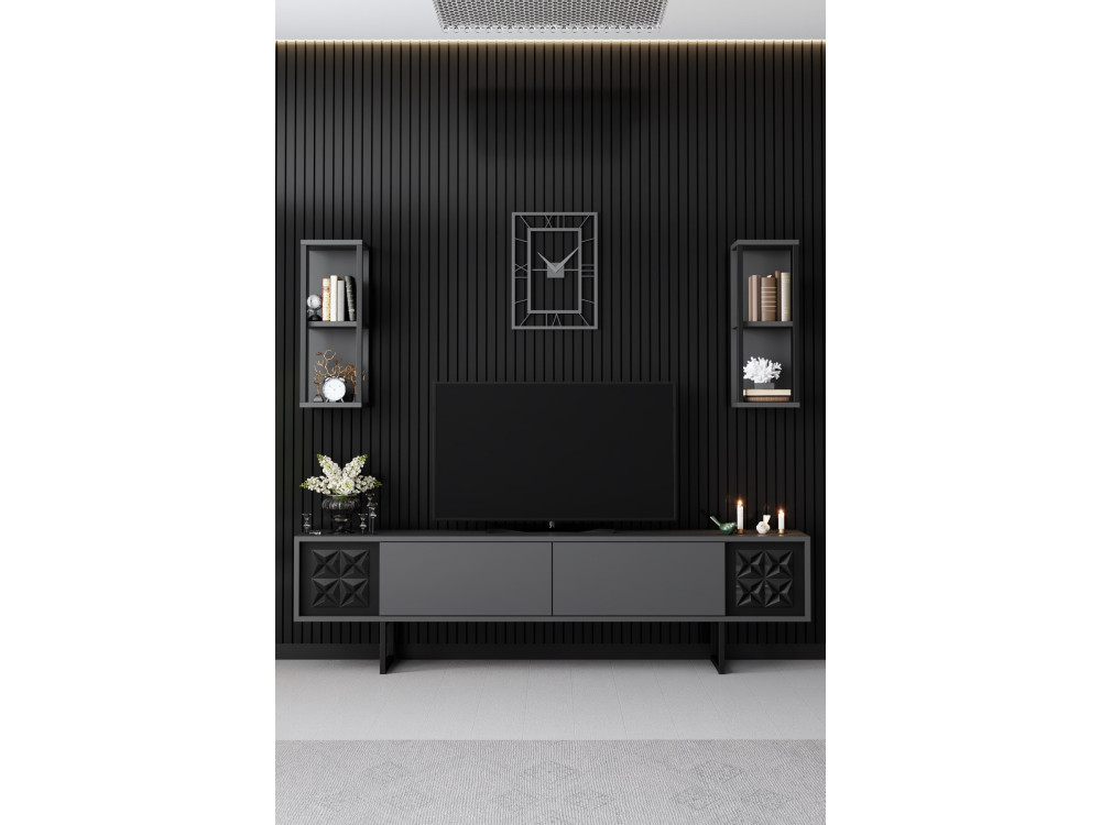 Drewniana szafka pod telewizor "Black Line" - 180 x 30 x 48 cm - Antracytowo-czarny